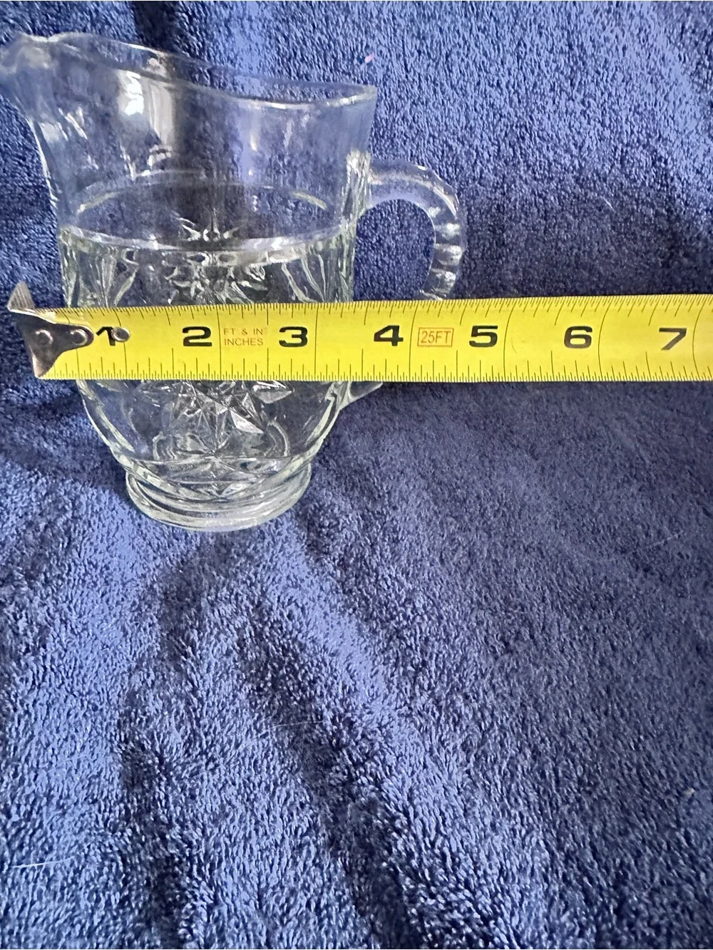 Vintage Anchor Hocking USA Pitcher clear glass starburst prescut 16 oz 5.5”Tall